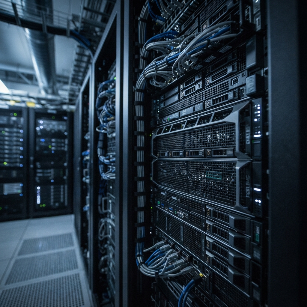 Close up of sleek server hardware infrastructure in a data center