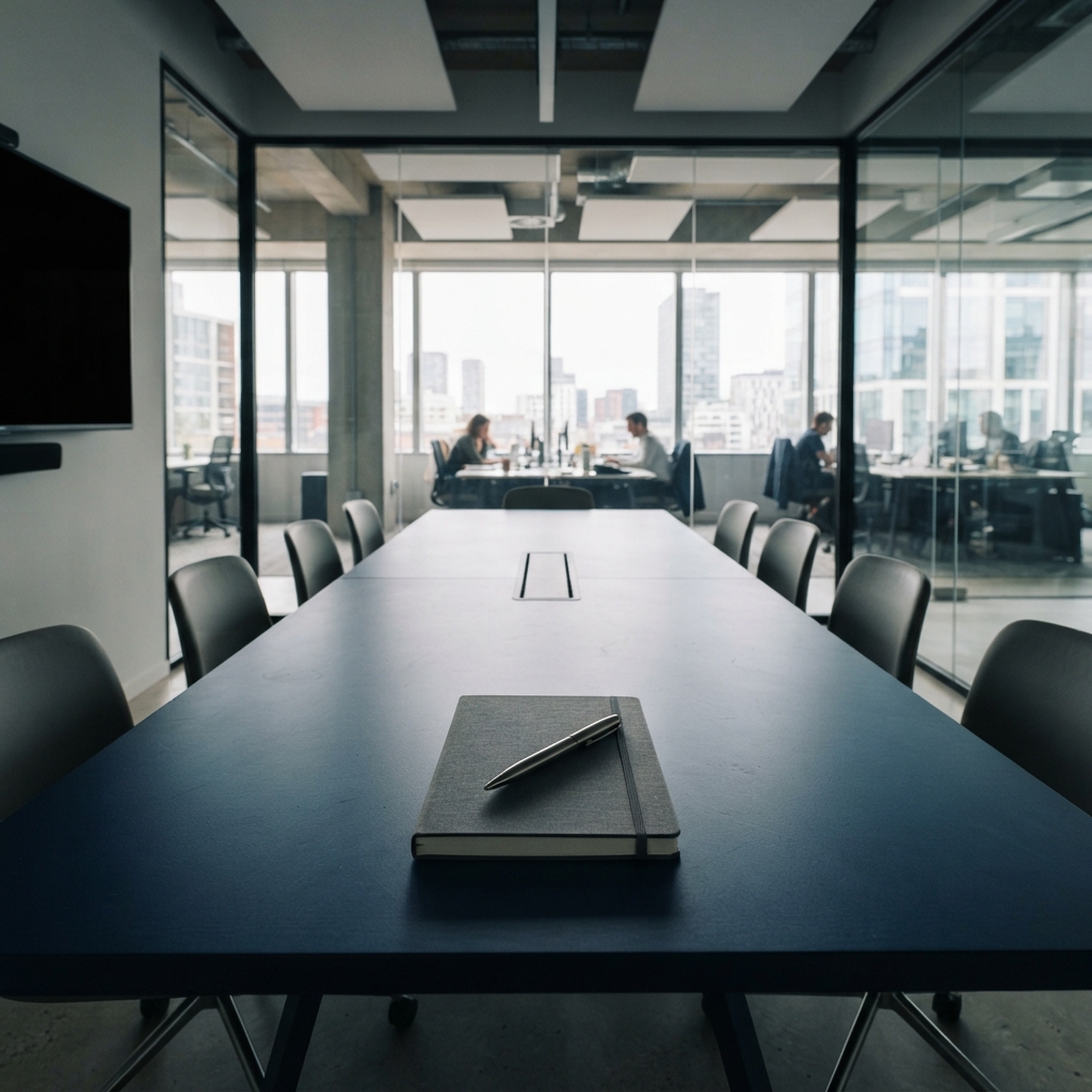 Minimalist conference room with a notebook and pen