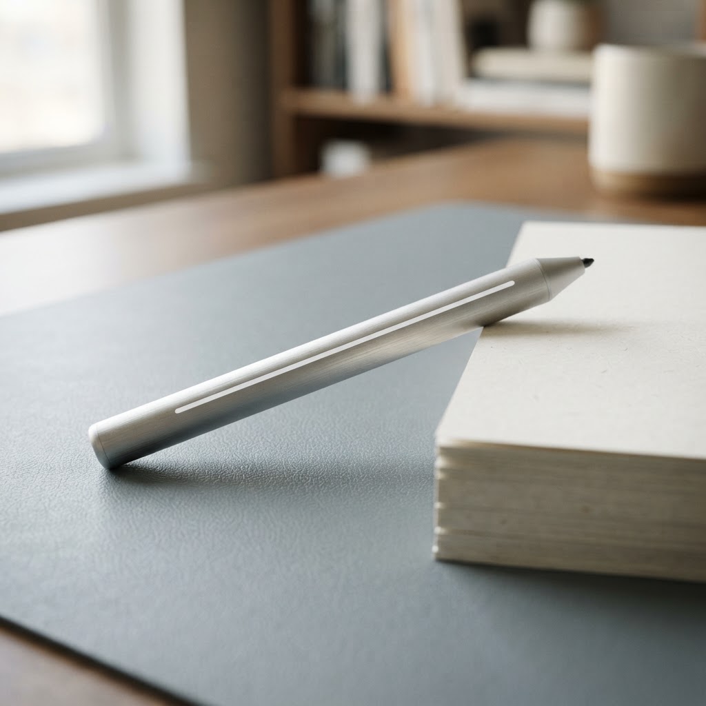 A brushed aluminum stylus resting on a desk pad.