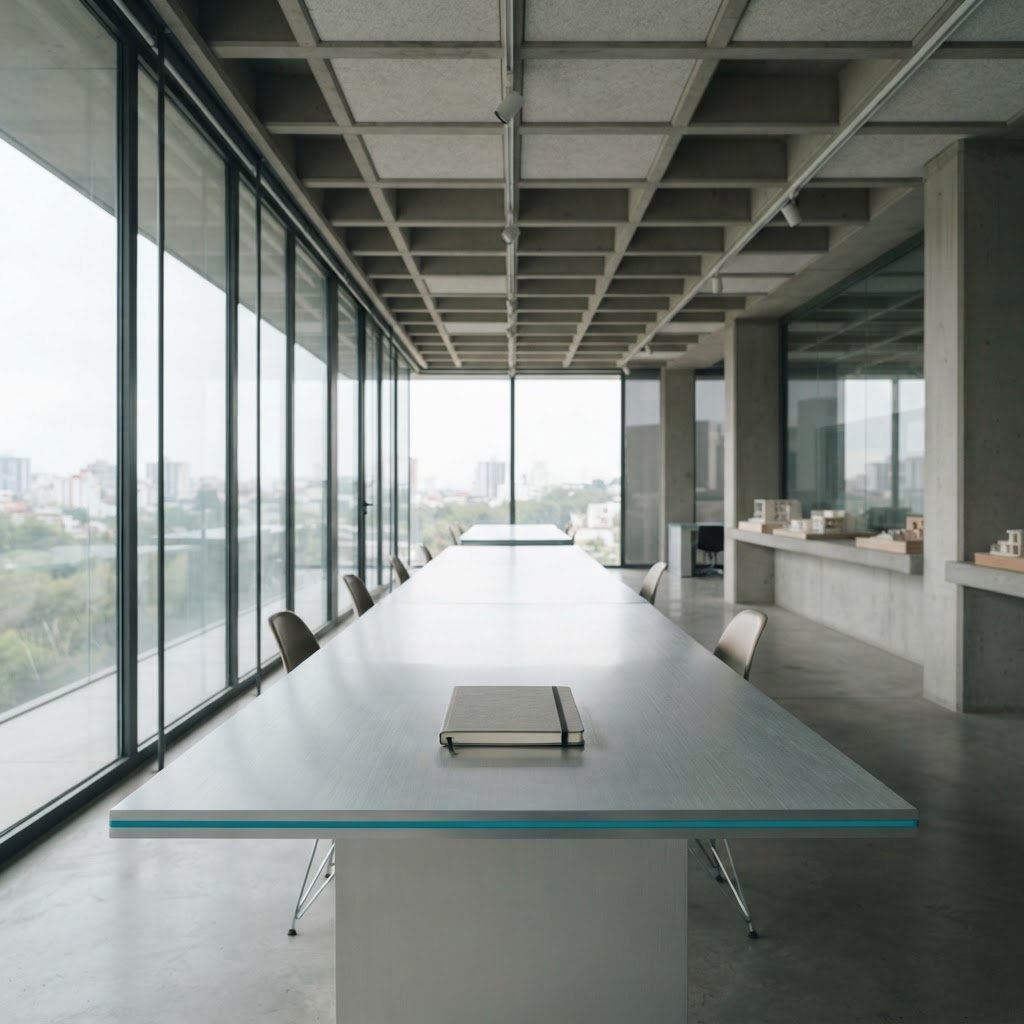 A minimalist studio space with a single journal on a table.