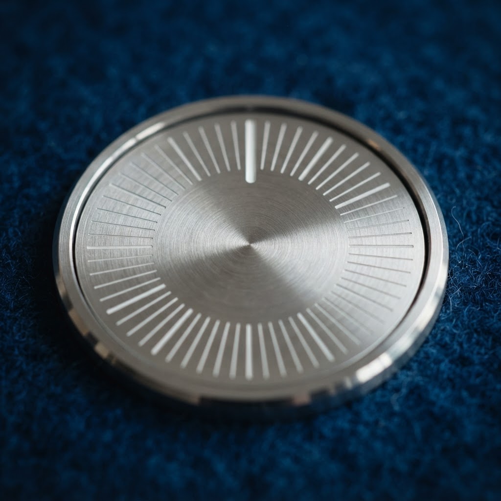 Close up of a brushed aluminum precision dial.