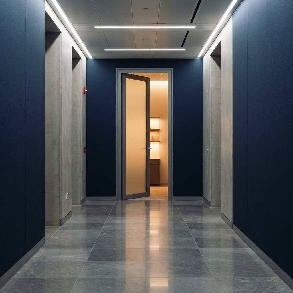 Minimalist office corridor with a partially open door