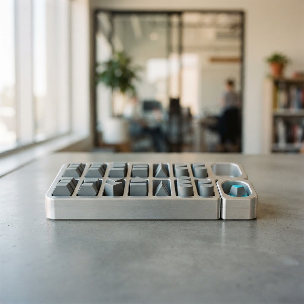 Modern desktop organizer with separated geometric tokens