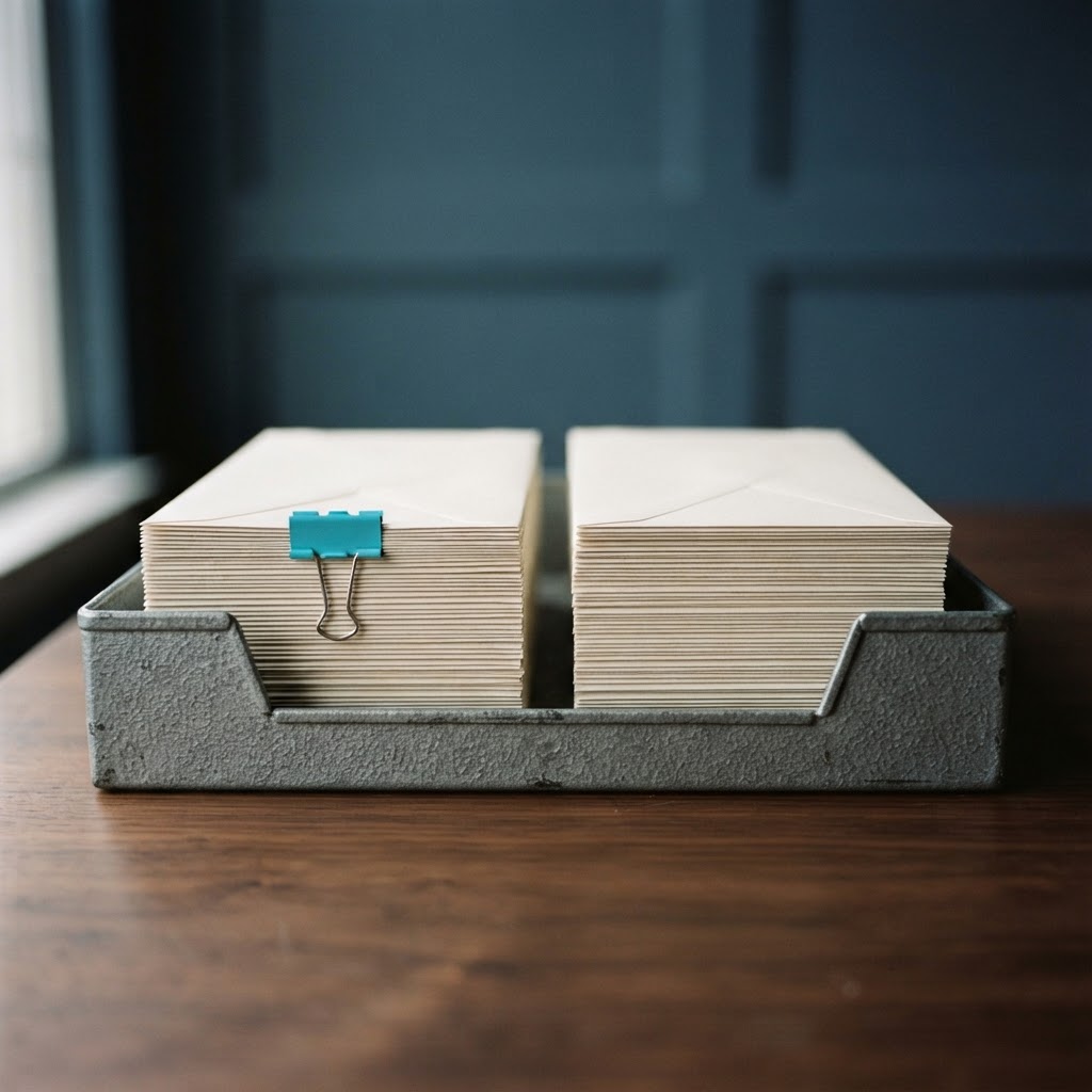 Two stacks of envelopes in a gray steel desk tray