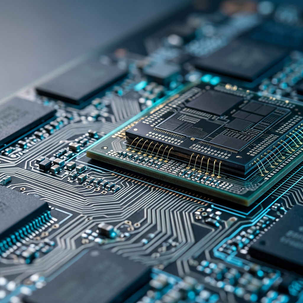 Close-up of modern chip architecture and circuit traces