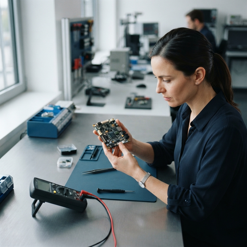 An engineer carefully inspecting a computer chip module