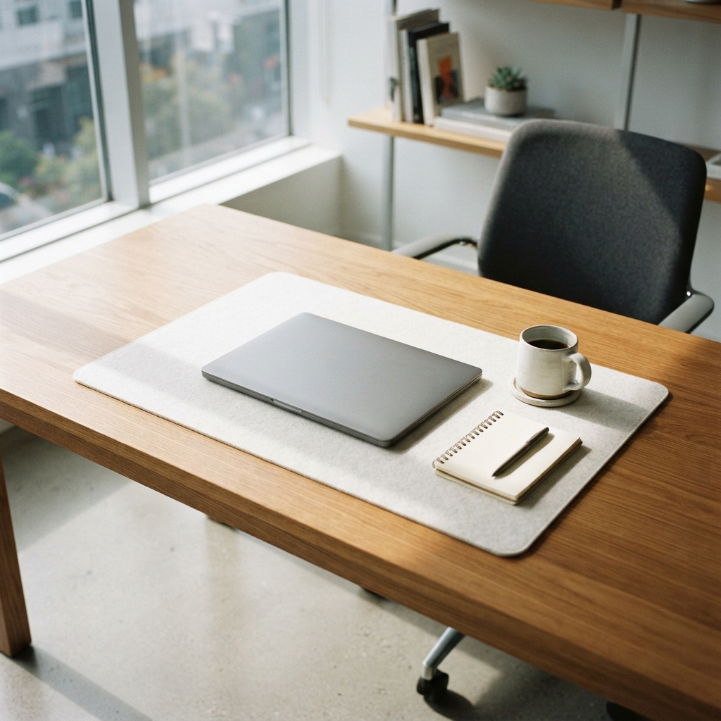 Minimalist office workspace with closed laptop