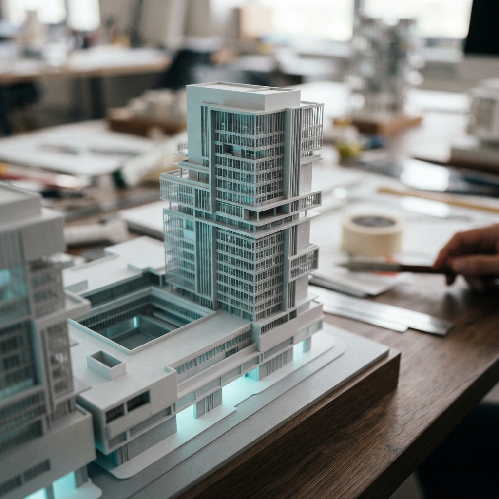 Detailed architectural model of a modern building