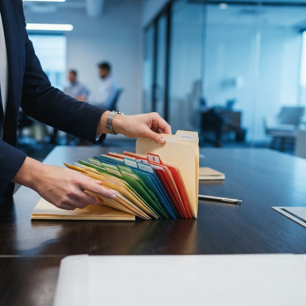 Close up of physical employee folders on a desk