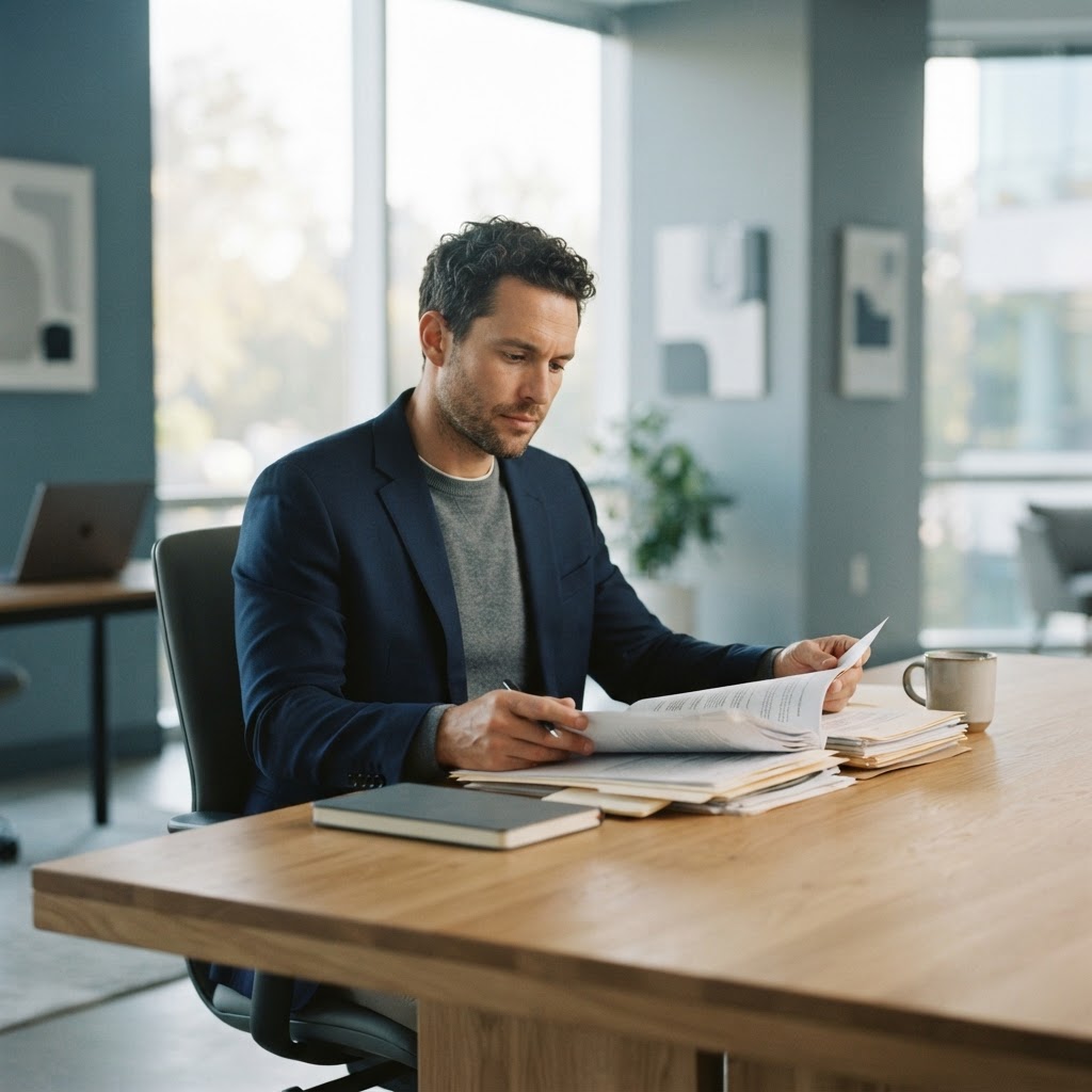Founder reviewing paper documents in a modern office