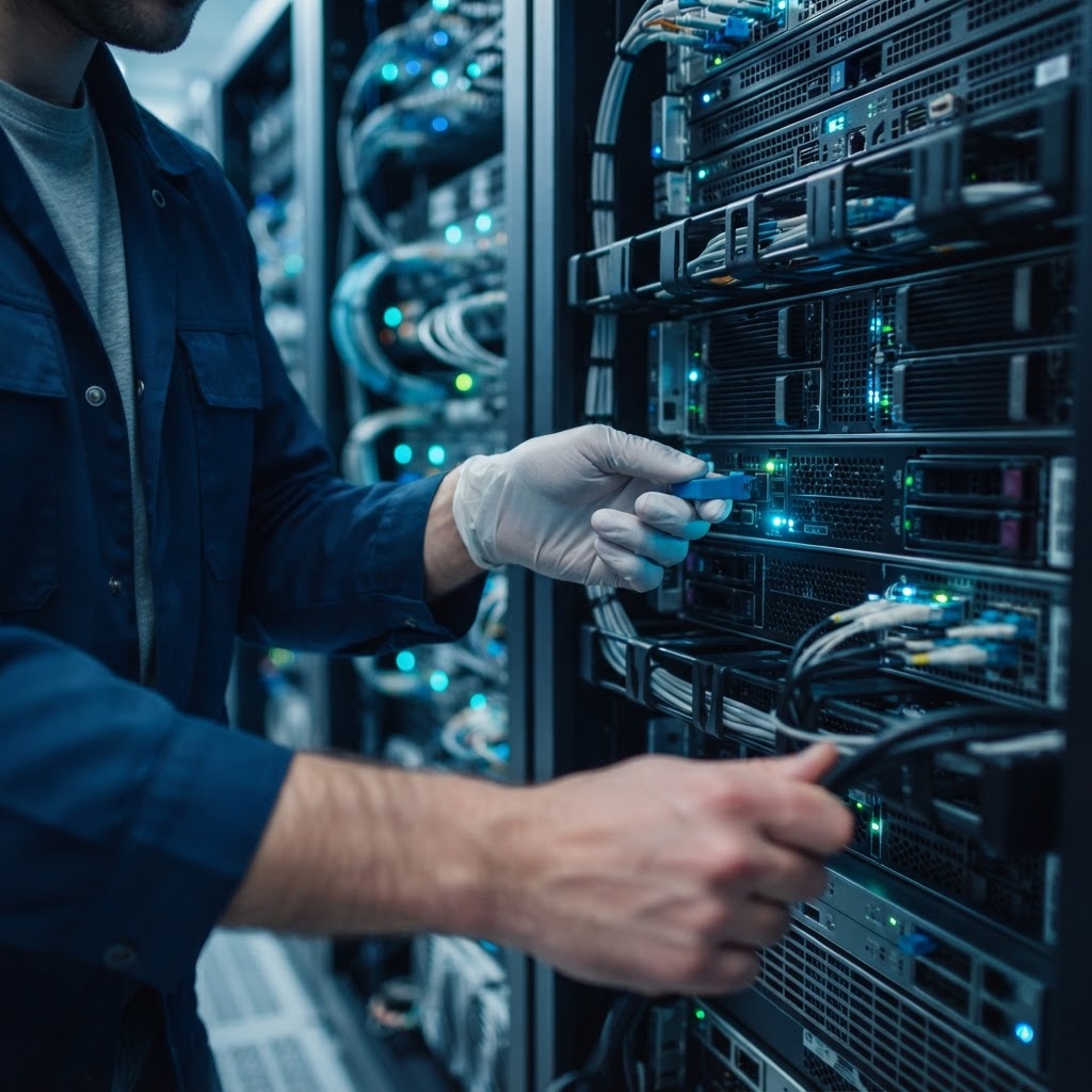 Detailed shot of professional server rack hardware maintenance