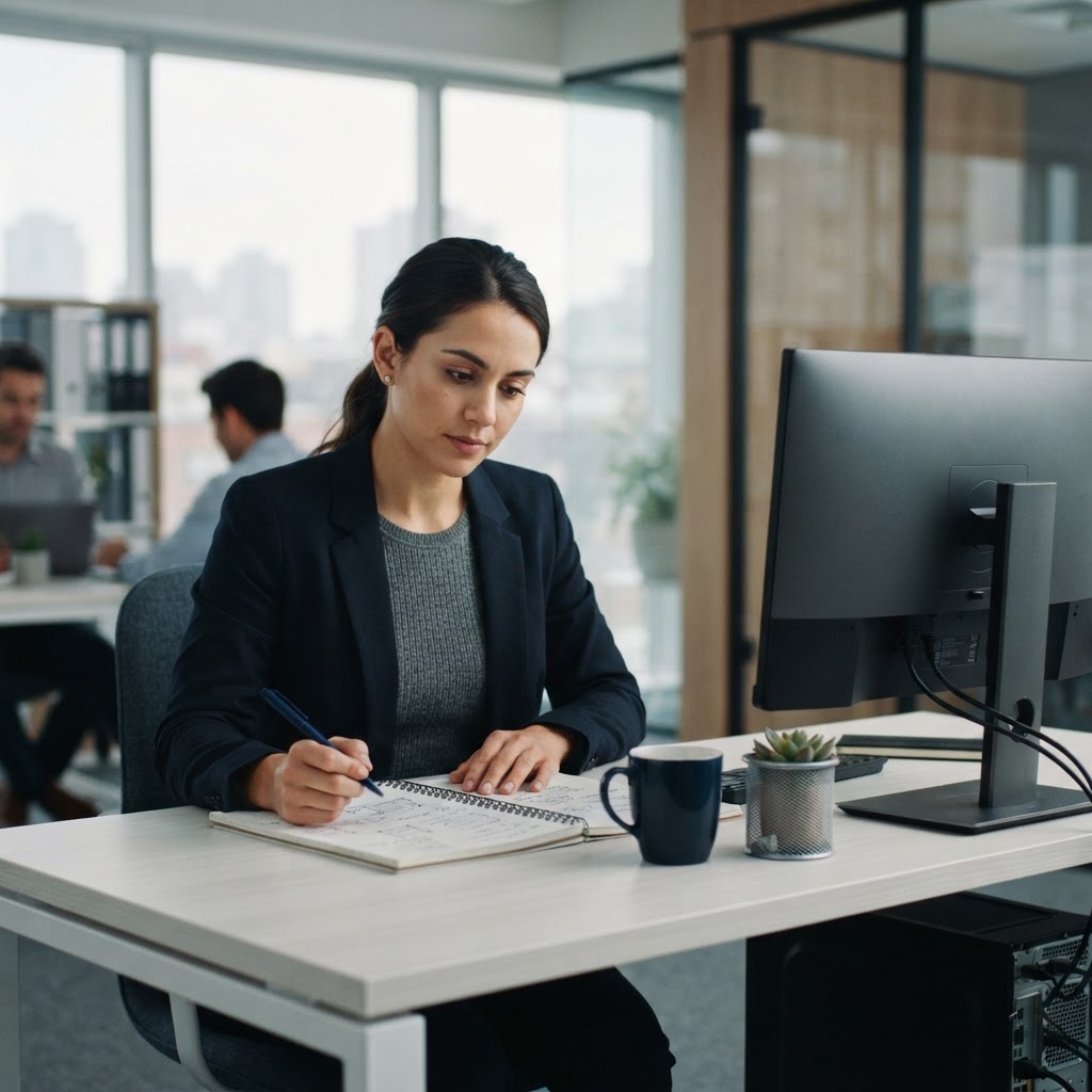 Professional engineer analyzing work at a minimalist desk