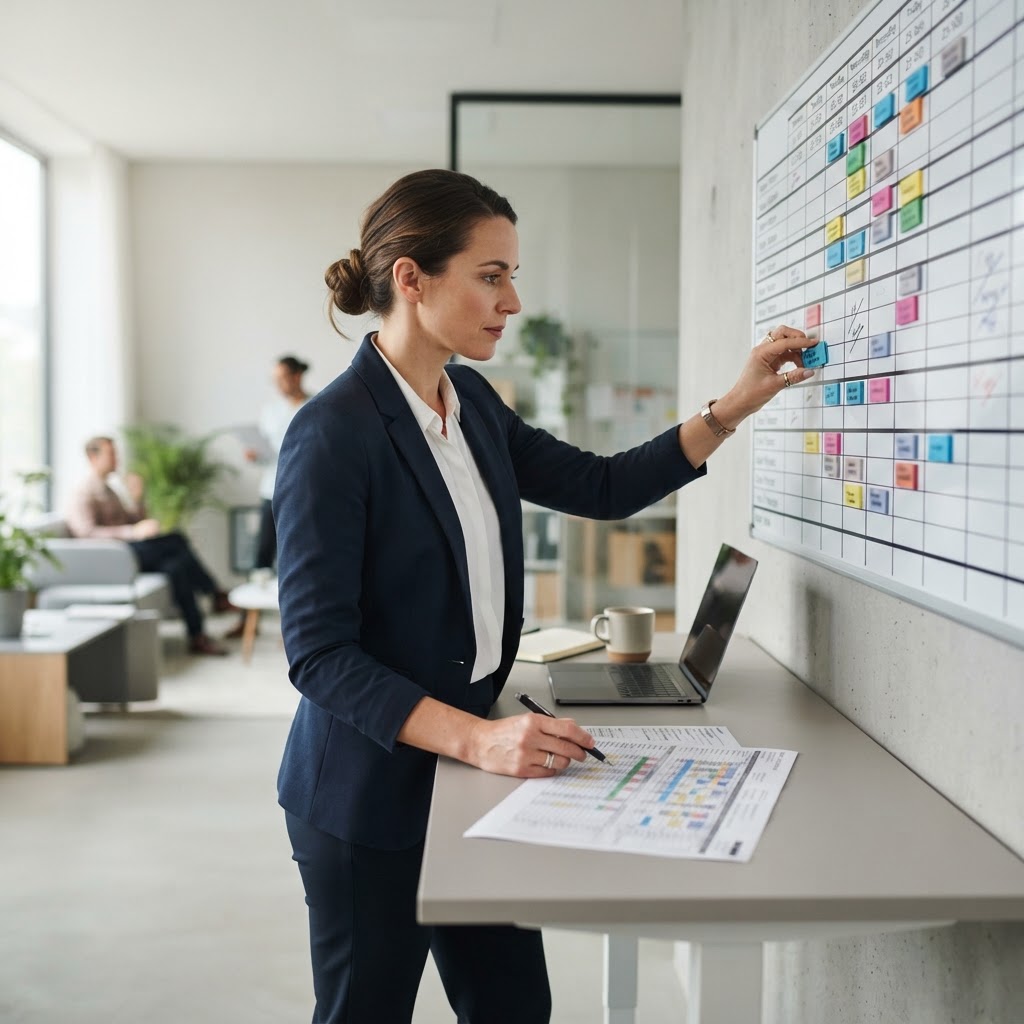 Operations leader organizing a physical staff schedule board