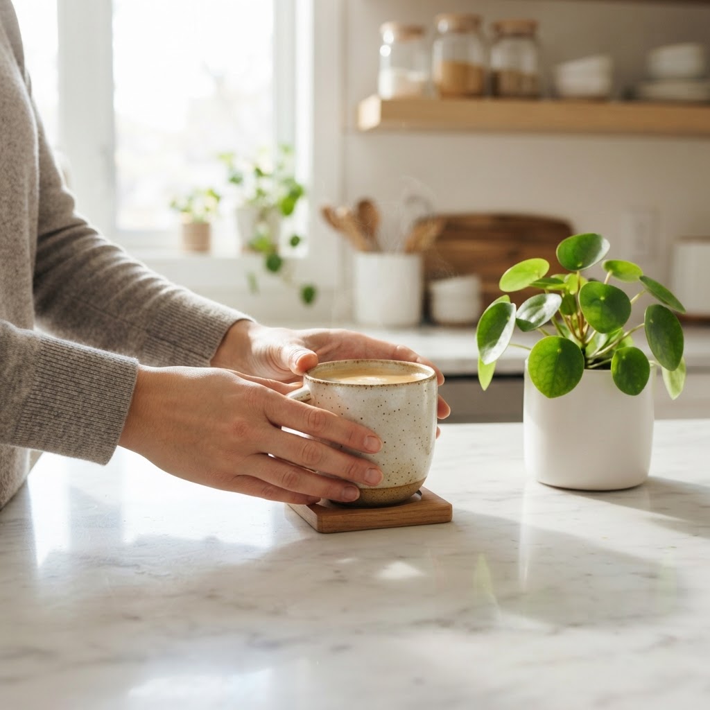 Hands placing a coffee mug on a clean white kitchen counter