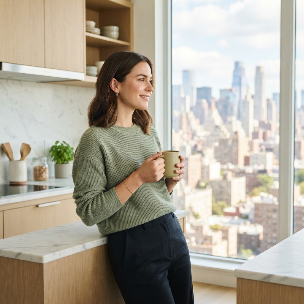 Young professional relaxing in a modern bright kitchen