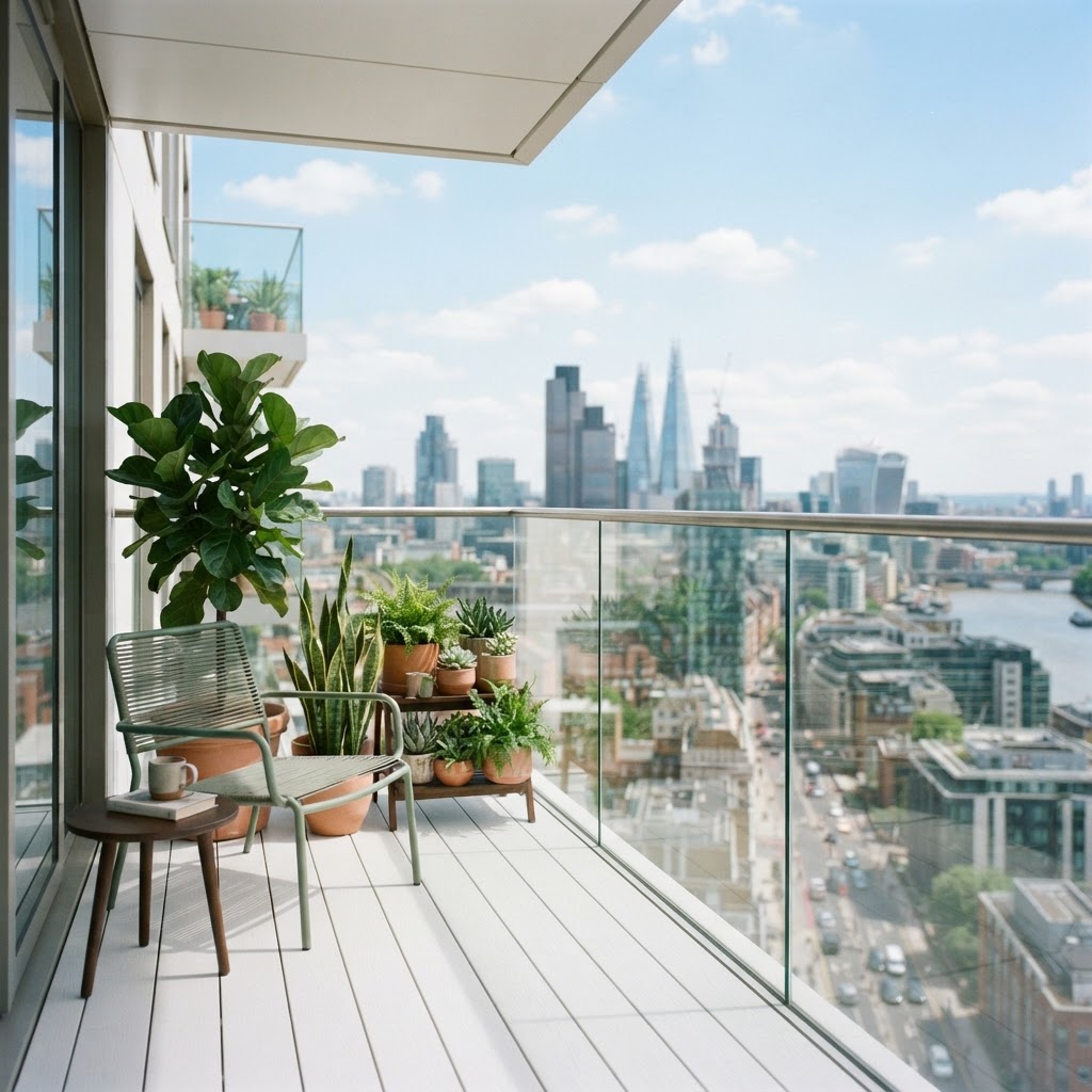 Minimalist condo balcony with sage green chair