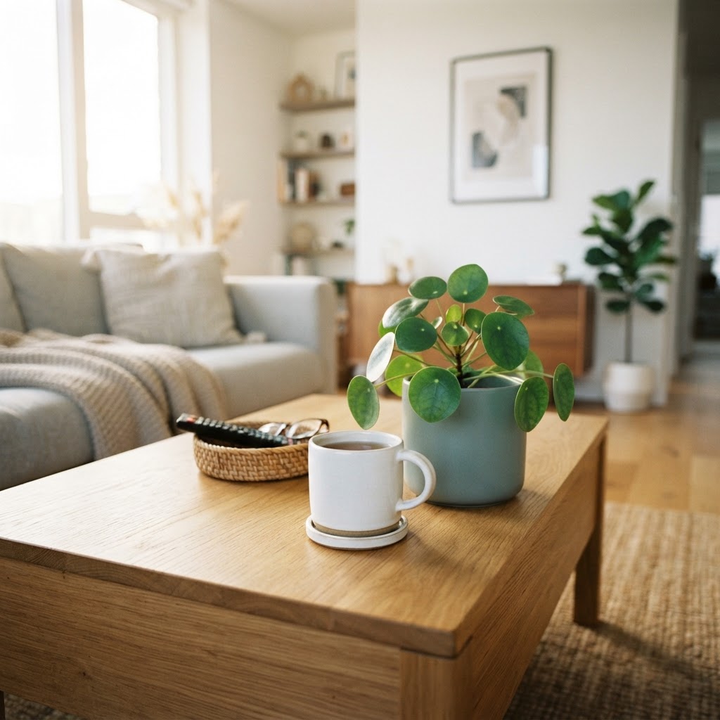 Close up of a coffee mug and plant in a bright apartment