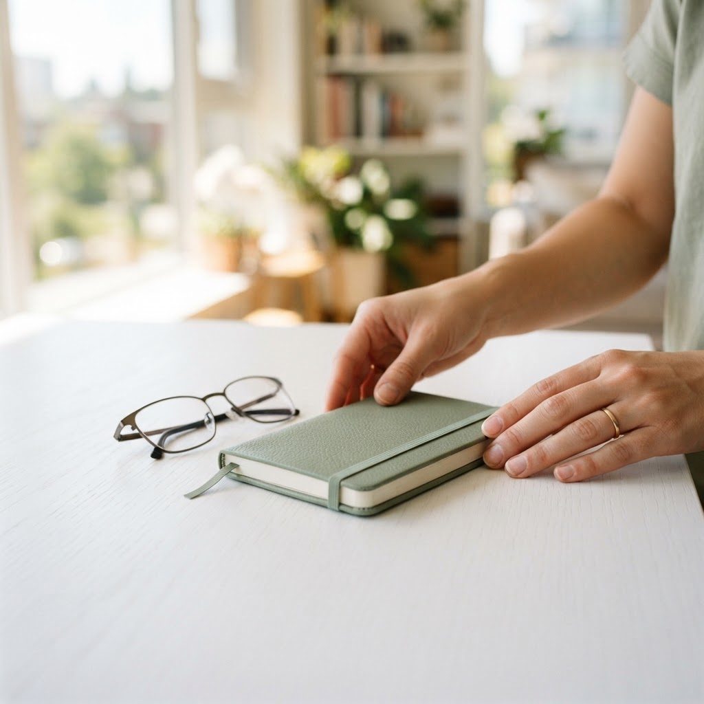 Close up of hands arranging a green notebook and reading glasses on a white desk