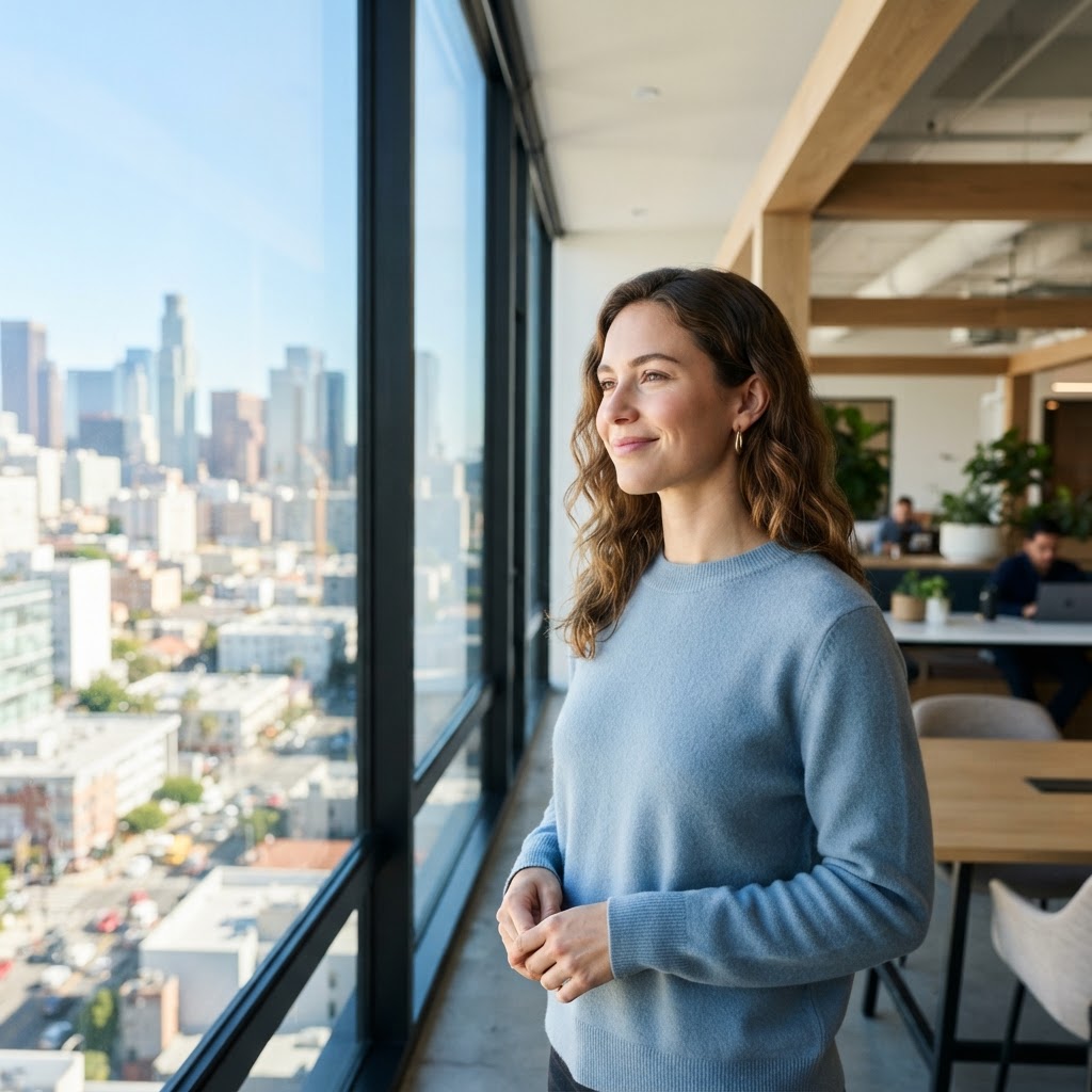 A young professional looking out of a window in a modern workspace