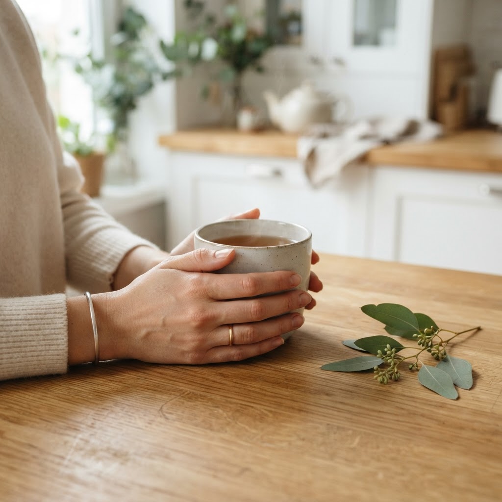 Hands holding a ceramic tea cup on a modern kitchen counter