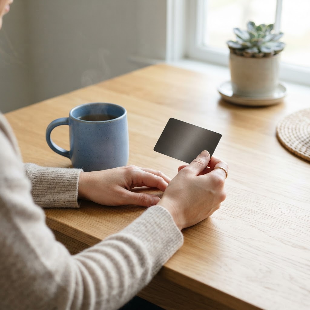 Hands holding a debit card on a clean wooden table