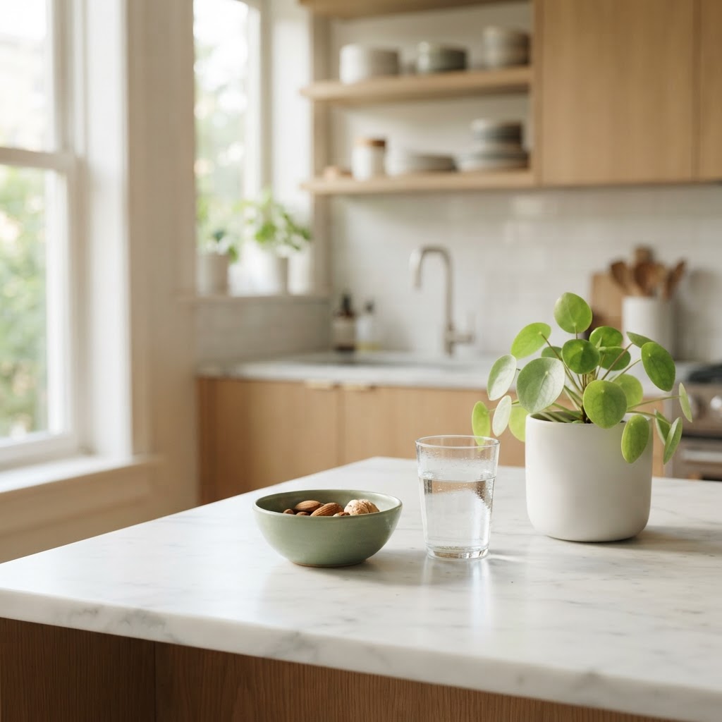 A bright and organized modern kitchen countertop