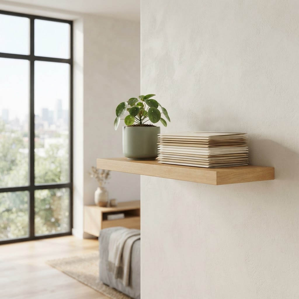 Minimalist home interior shelf with plant and envelopes