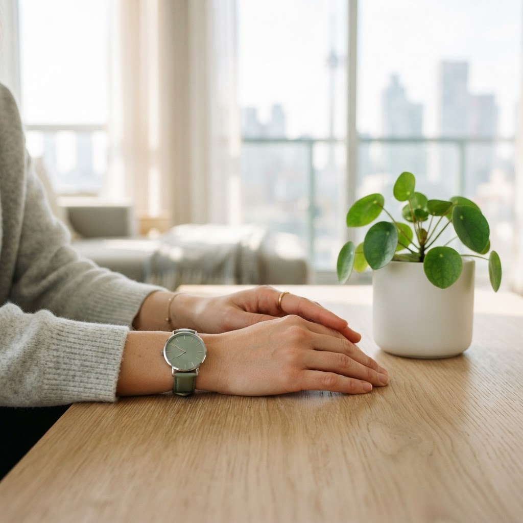 Close up of hands on a wooden table with a sage green watch strap and a potted plant