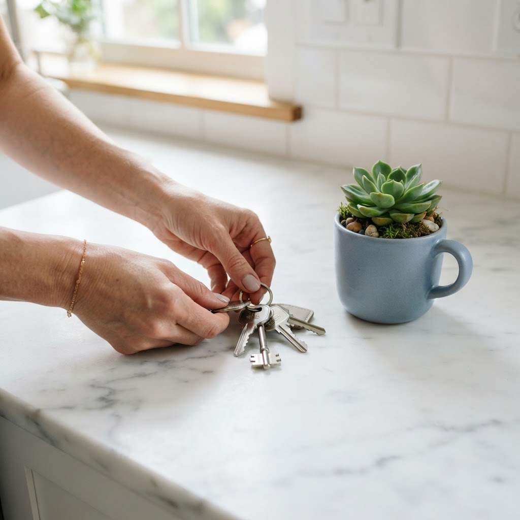 Hands placing keys on a clean kitchen counter next to a plant