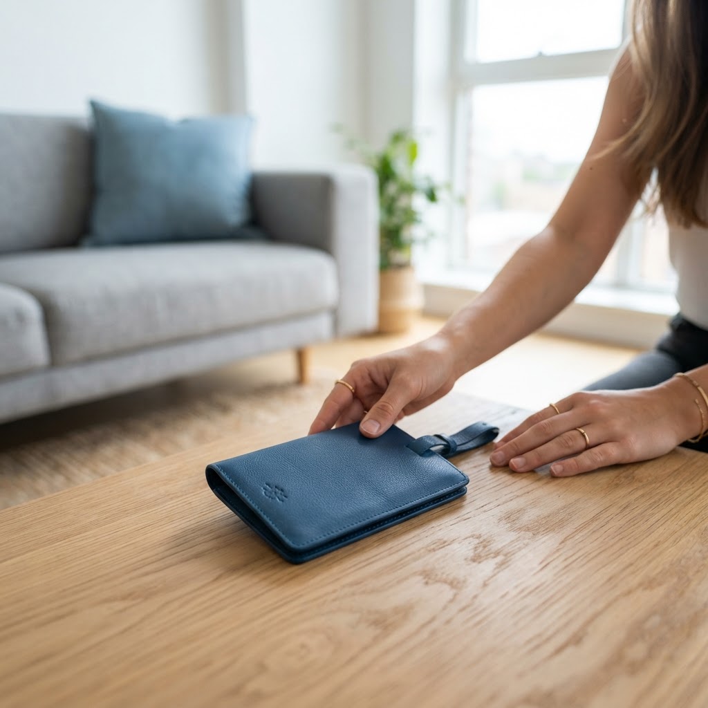 Hands placing a passport holder on a modern coffee table
