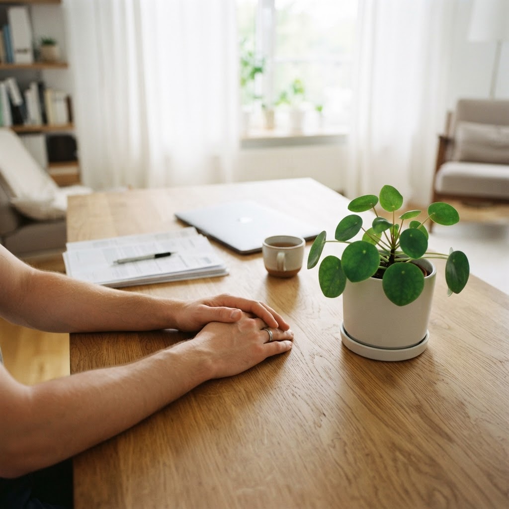 Close up of a peaceful living space with a houseplant