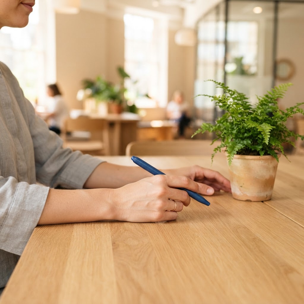Hands resting on a wooden table with a small plant in a bright workspace