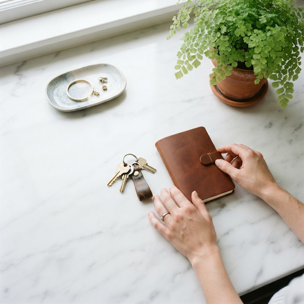A person organizing personal items on a clean minimalist table