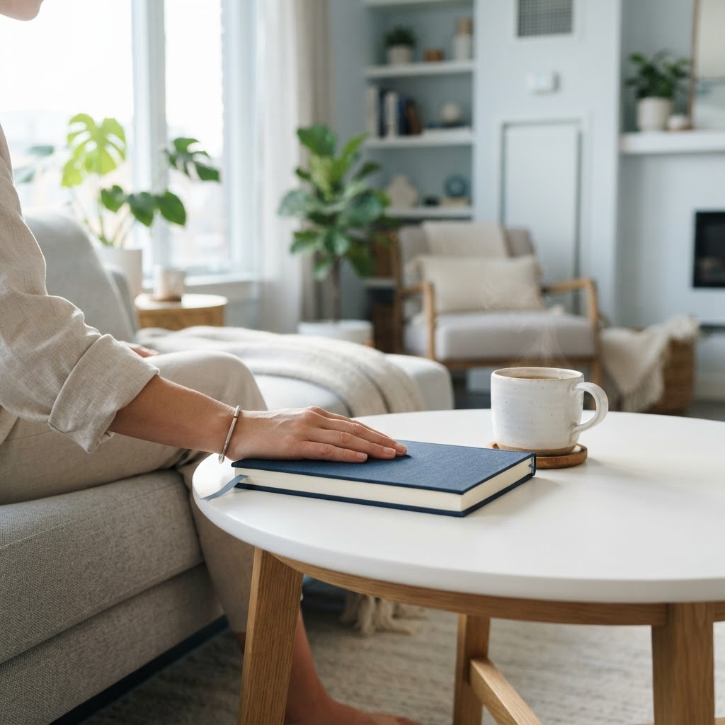 Close up of a notebook and mug on a coffee table in a bright apartment