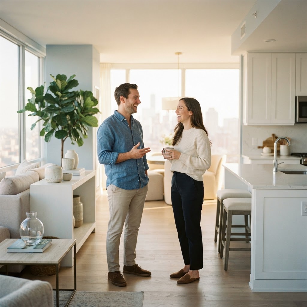 A happy couple talking in a bright and modern condo apartment