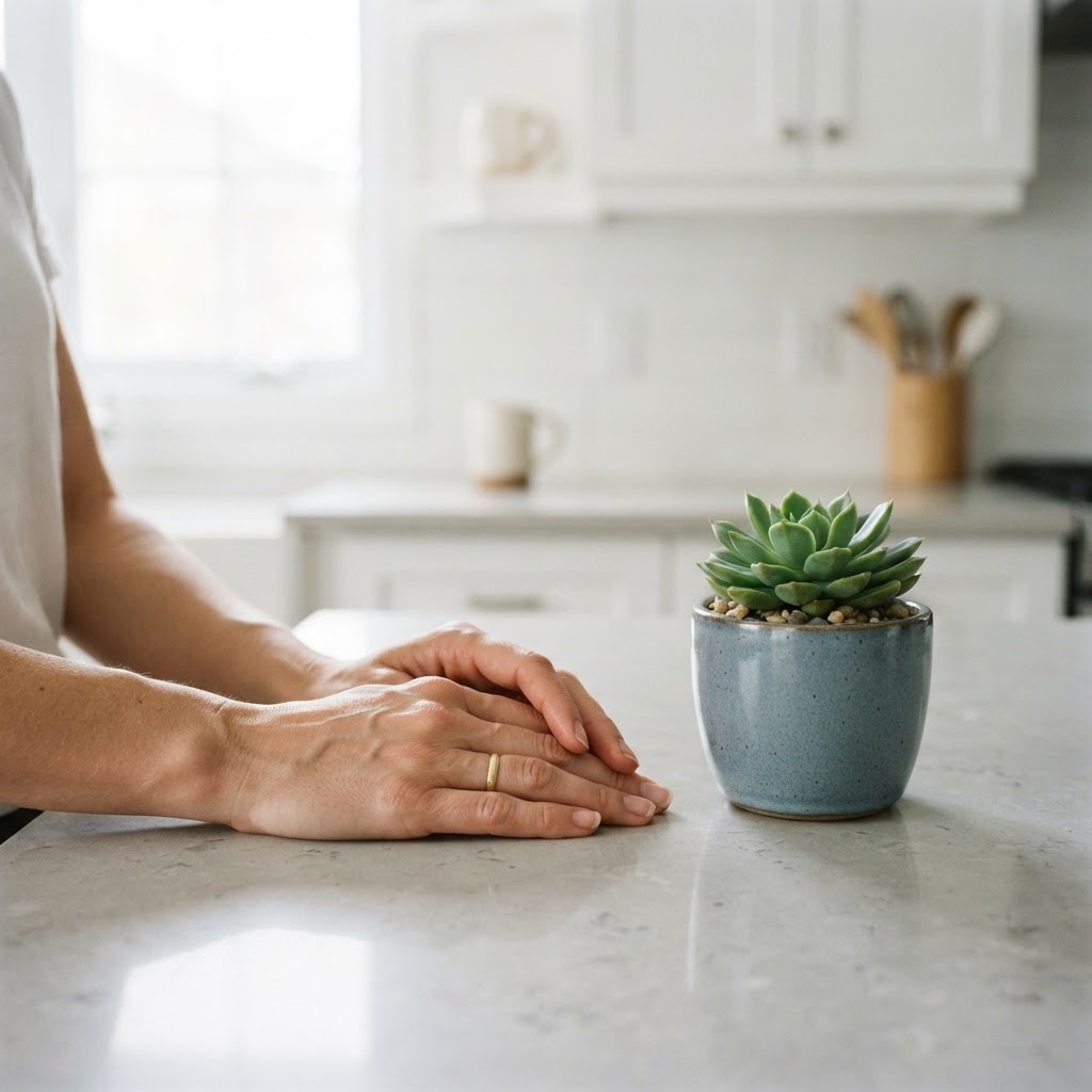 Close up of hands on a clean surface with a small plant