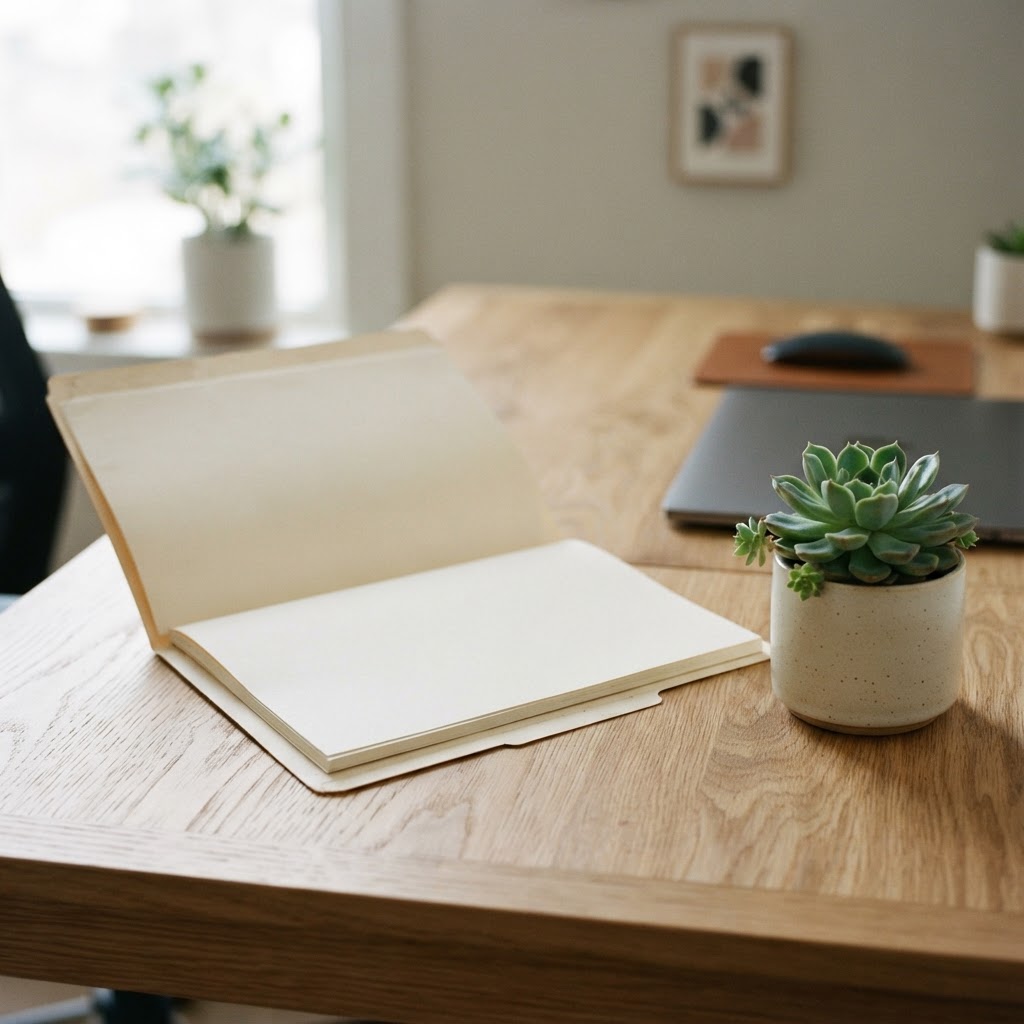 Close up of an organized workspace with a folder and succulent