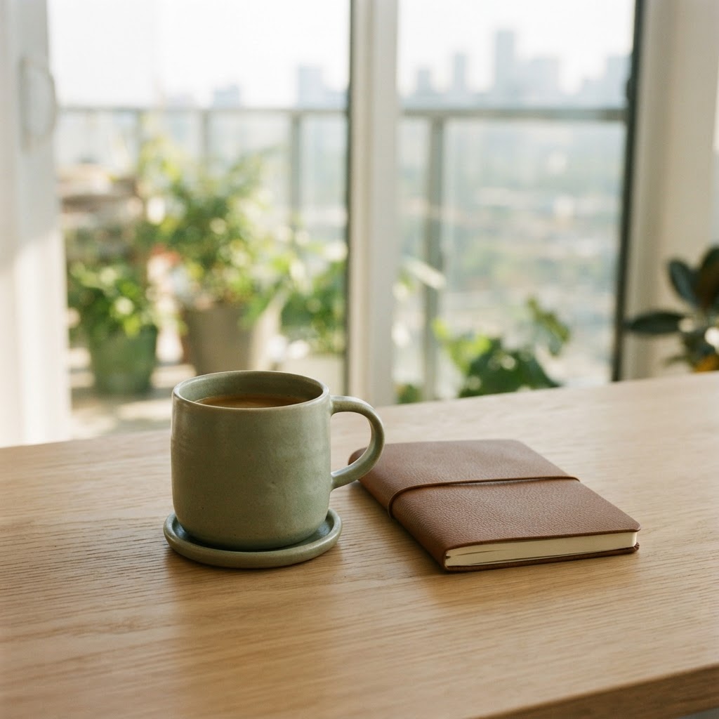 A minimalist workspace with a sage green mug and notebook in a bright apartment