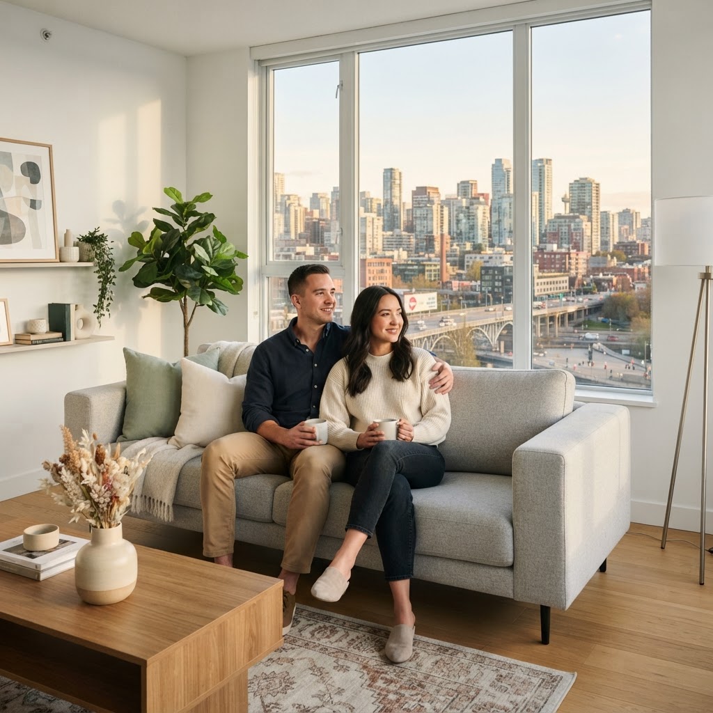 A couple relaxing in a modern light filled apartment