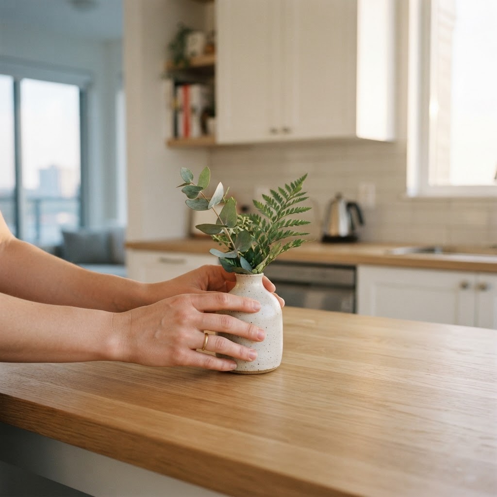 Close up of hands placing a plant on a kitchen counter