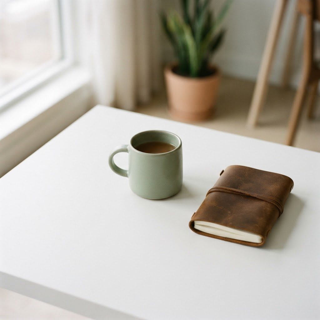 Minimalist desk space with a coffee mug and notebook