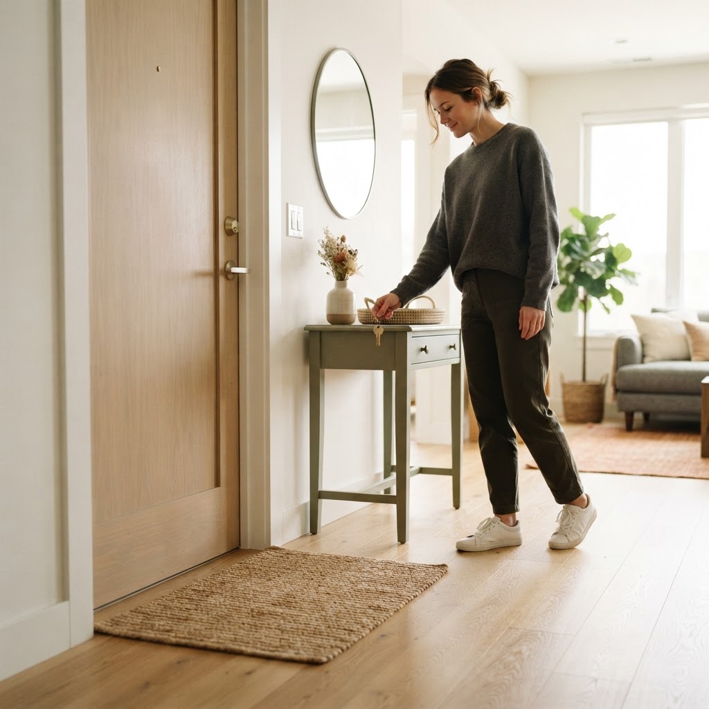 A person placing a key on a table in a modern home entryway