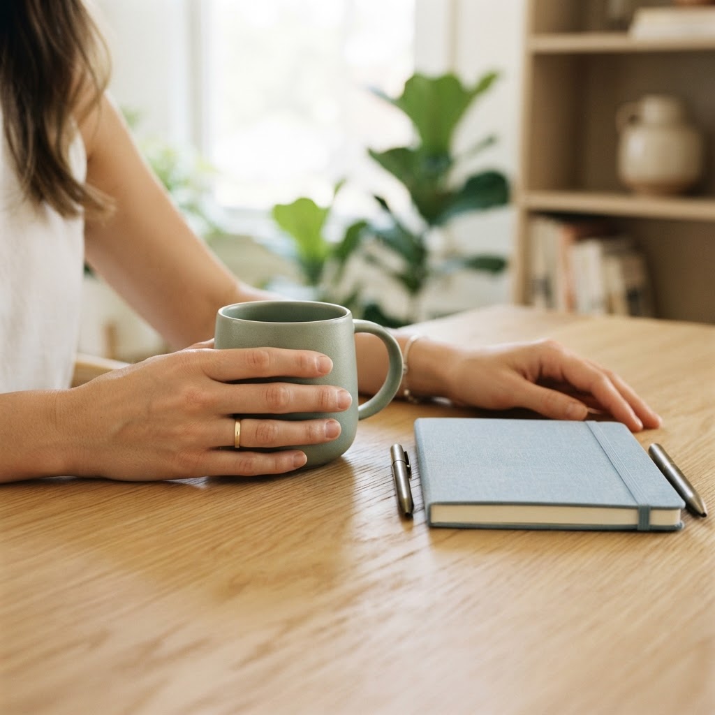 A close up view of hands holding a mug on a table in a bright apartment.
