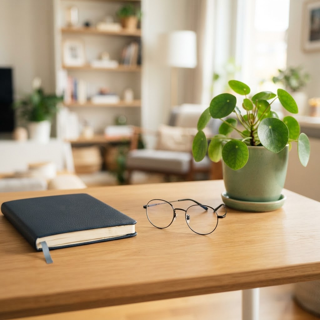 Close up of a clean desk setup in a modern apartment