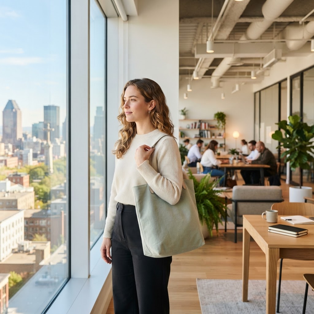 Young woman looking out of a window in an airy Montreal office space