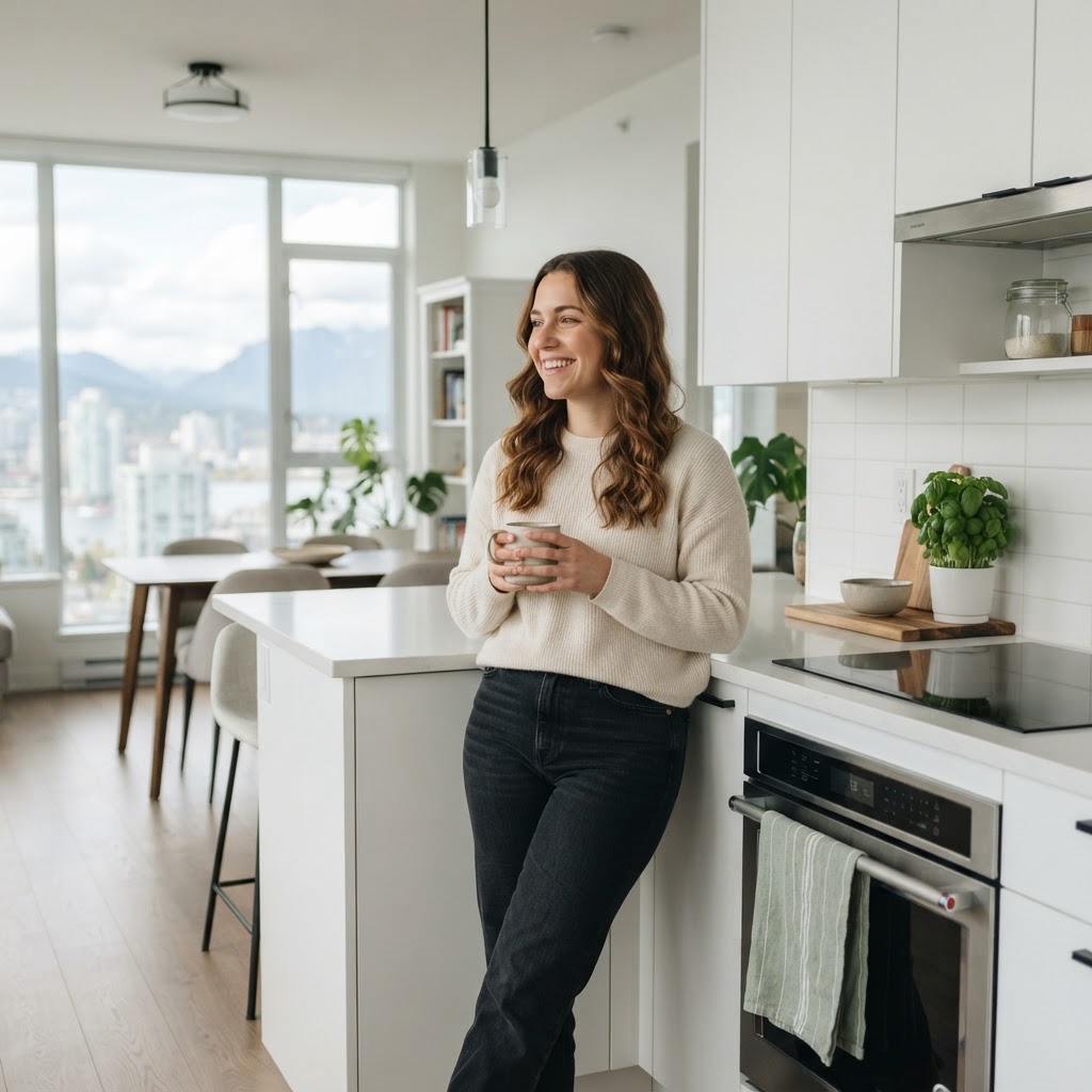 Young professional relaxing in a modern apartment kitchen