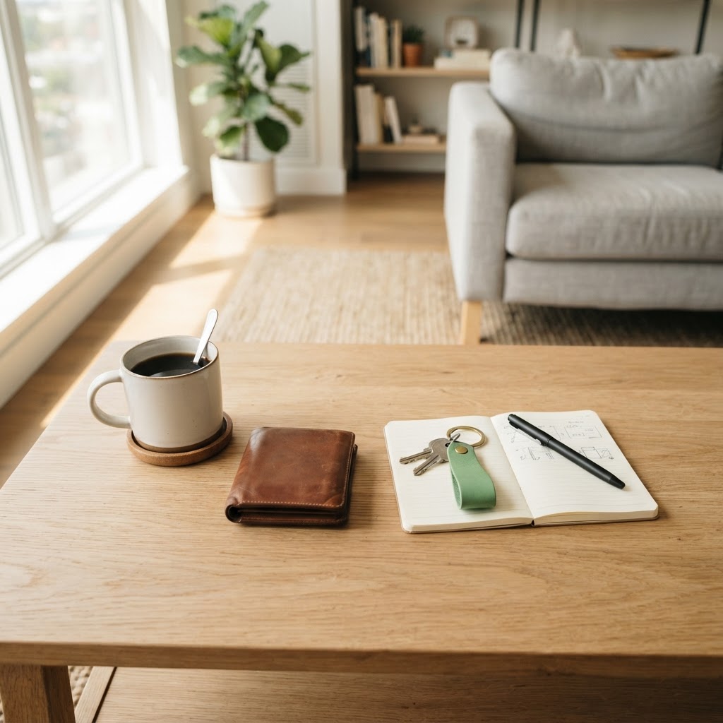 Minimalist coffee table setting with a wallet and house keys