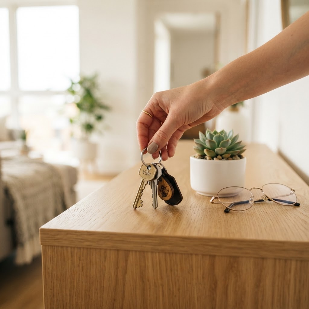 House keys placed on a clean wooden table in a bright apartment
