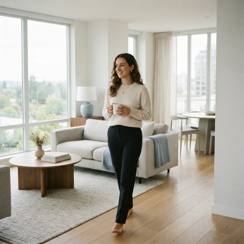 Young professional walking through a sunlit modern apartment living space