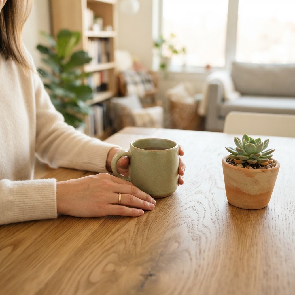 Close up of hands holding a mug on a table in a modern condo